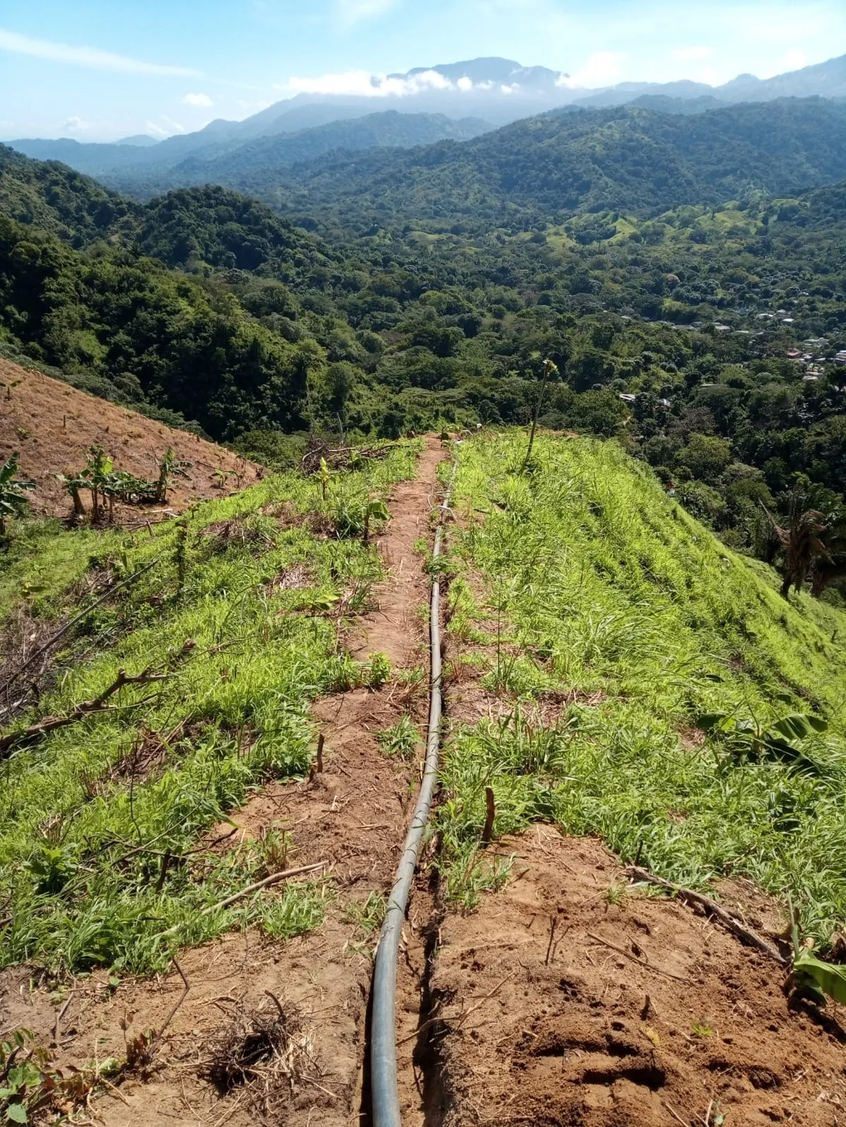 Línea principal de riego instalada aprovechando el desnivel del terreno en una finca de la Sierra